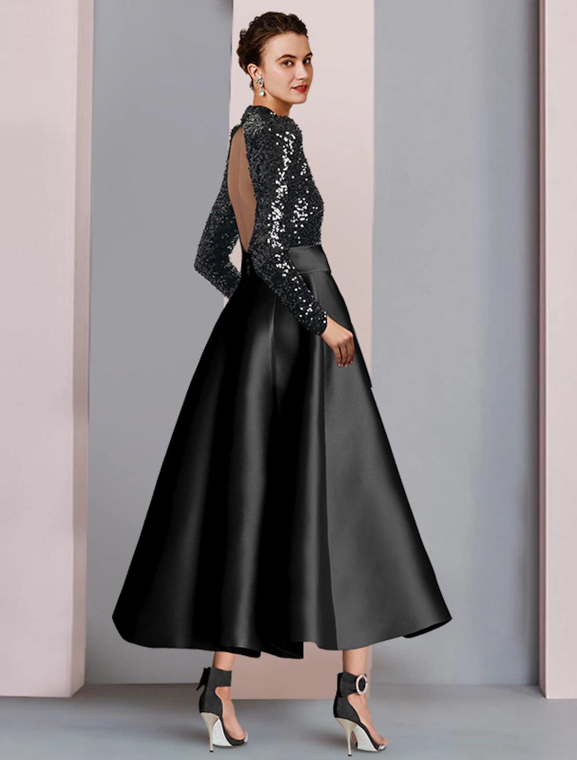 Wholesale  A-Line Mother of the Bride Dress Wedding Guest Elegant Sparkle & Shine High Neck Tea Length Satin Sequined Long Sleeve with Bow(s) Pleats