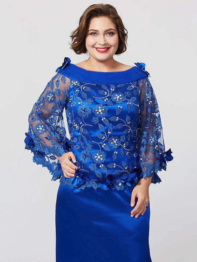 Wholesale Mermaid / Trumpet Mother of the Bride Dress Formal Plus Size Elegant Bateau Neck Sweep / Brush Train Lace Over Charmeuse Long Sleeve No with Pleats Ruffles