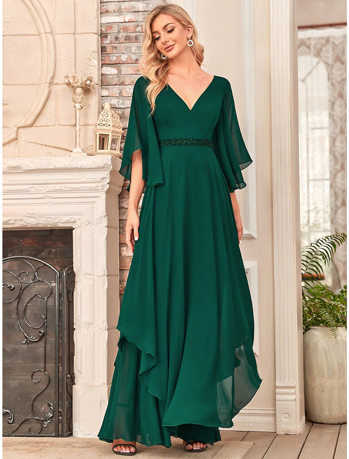 Wholesale A-Line Mother of the Bride Dress Elegant V Neck Floor Length Chiffon Half Sleeve with Sash / Ribbon
