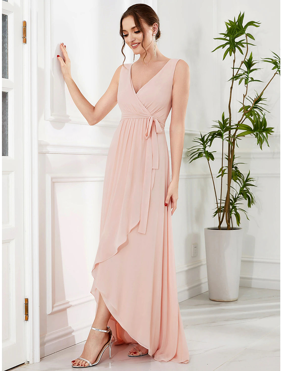Wholesale  A-Line Wedding Guest Dresses Elegant Dress Party Wear Wedding Party Asymmetrical Sleeveless Spaghetti Strap Bridesmaid Dress Chiffon with Ruffles Slit