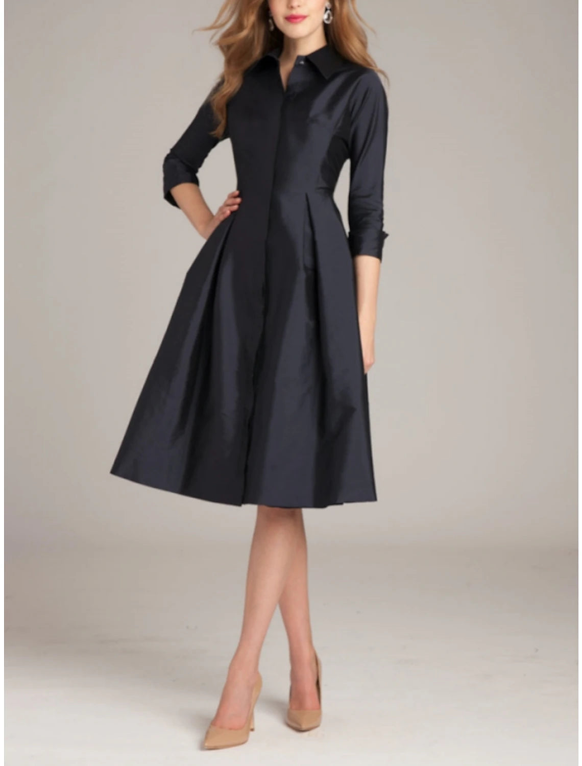 Wholesale A-Line Cocktail Dresses Minimalist Dress Formal Fall Knee Length 3/4 Length Sleeve Shirt Collar Satin with Bow(s) Slit