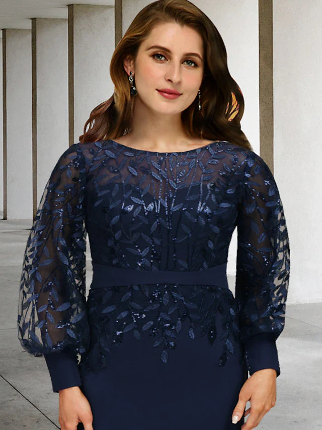 Wholesale Mermaid / Trumpet Plus Size Curve Mother of the Bride Dresses Vintage Dress Formal Sweep / Brush Train Long Sleeve Jewel Neck Chiffon with Sequin Ruffles