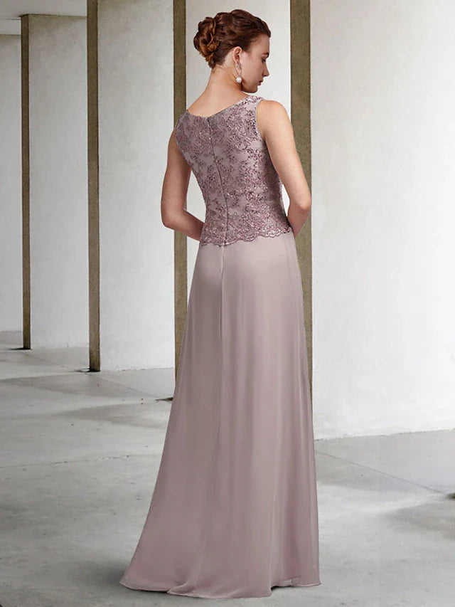 Wholesale Two Piece Sheath / Column Mother of the Bride Dress Plus Size Elegant Jewel Neck Floor Length Chiffon Lace Sleeveless Wrap Included with Sequin Appliques