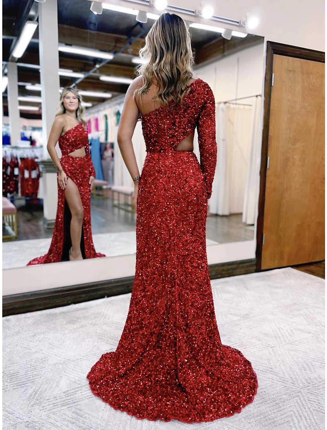 Wholesale  Mermaid / Trumpet Prom Dresses Sparkle & Shine Dress Formal Wedding Party Court Train Long Sleeve One Shoulder Sequined Backless with Sequin Slit