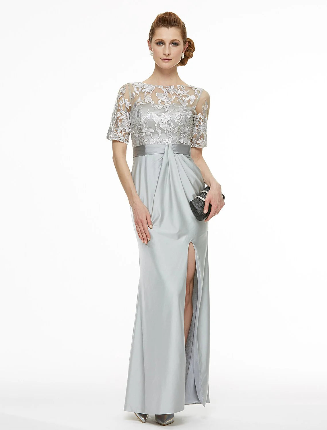 Wholesale Sheath / Column Bateau Neck Ankle Length Lace / Jersey Mother of the Bride Dress with Lace / Pleats