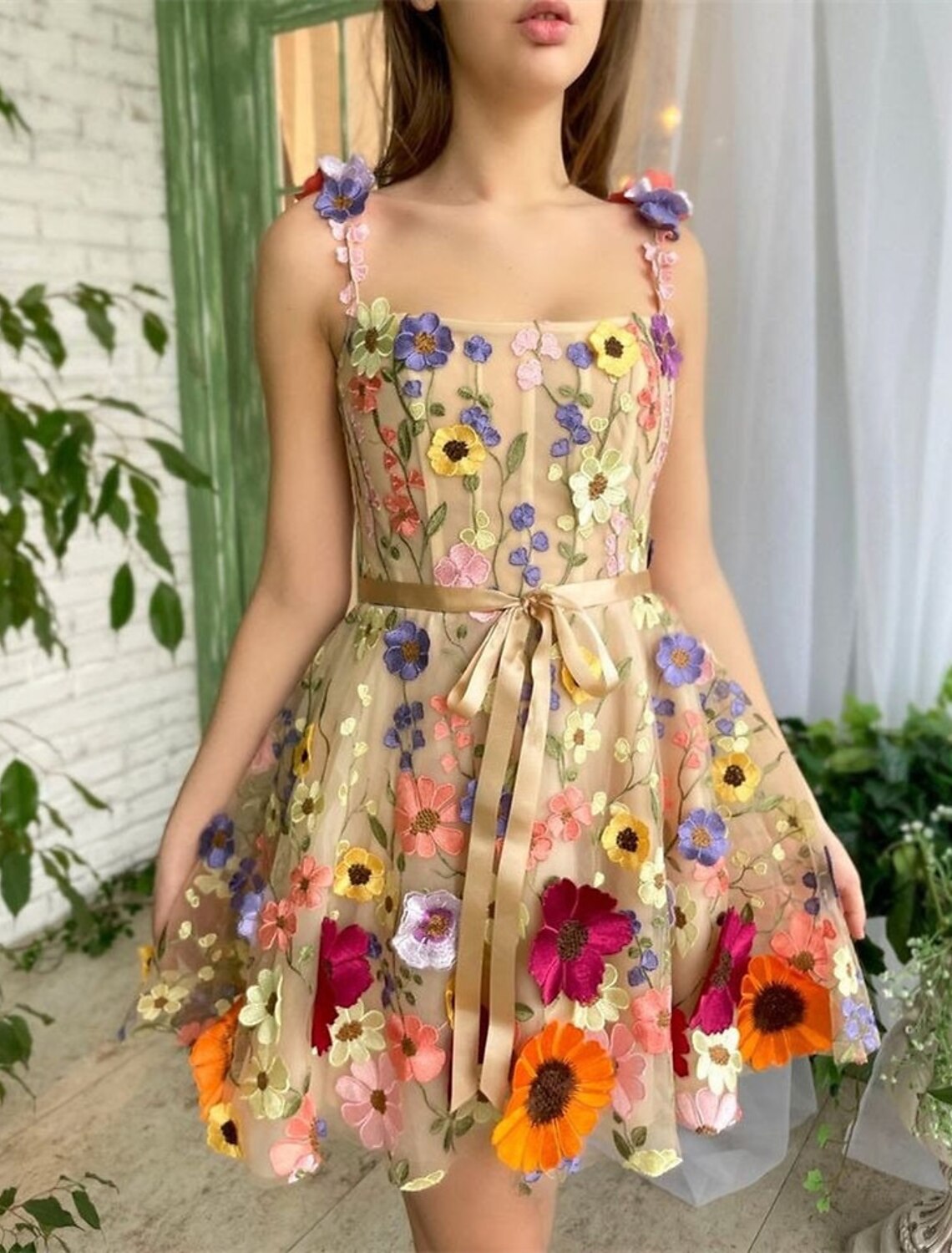 Wholesale A-Line Cocktail Dresses Floral Dress Summer Garden Party Short / Mini Sleeveless Spaghetti Strap Tulle with Appliques