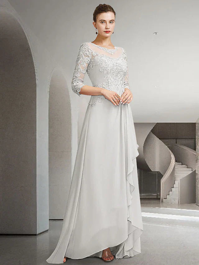 Wholesale A-Line Mother of the Bride Dress Elegant High Low Jewel Neck Sweep / Brush Train Asymmetrical Chiffon Lace 3/4 Length Sleeve with Pleats Appliques