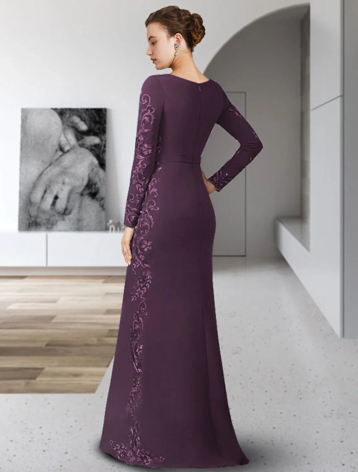 Wholesale Sheath / Column Mother of the Bride Dress Formal Wedding Guest Party Elegant Scoop Neck Floor Length Chiffon Lace Long Sleeve with Sash / Ribbon Appliques