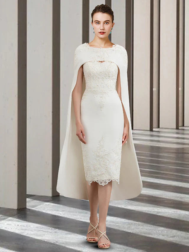 Wholesale Two Piece Sheath / Column Mother of the Bride Dress Church Elegant Jewel Neck Knee Length Chiffon Lace Sleeveless with Beading Appliques