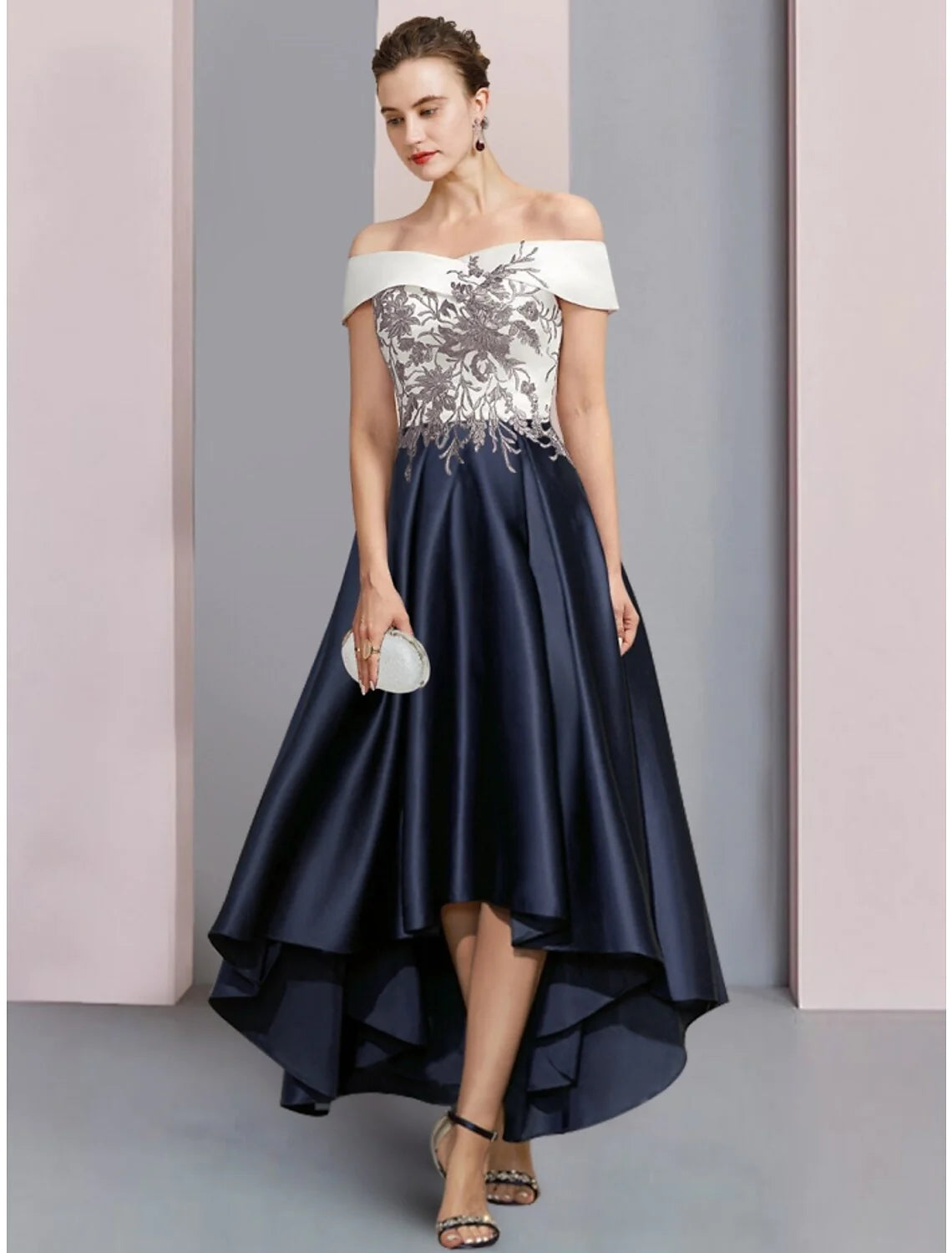 Wholesale A-Line Mother of the Bride Dress Wedding Guest Elegant Off Shoulder Asymmetrical Ankle Length Satin Lace Short Sleeve with Ruching