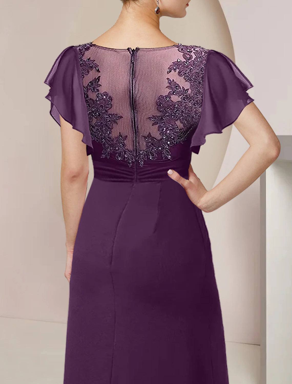 Wholesale  A-Line Mother of the Bride Dress Formal Wedding Guest Elegant Scoop Neck Tea Length Chiffon Lace 3/4 Length Sleeve with Beading Sequin Appliques