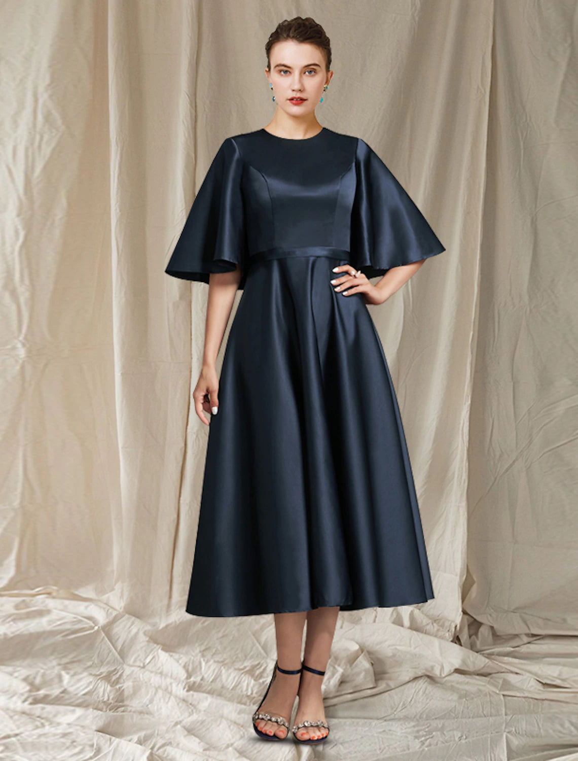 Wholesale  A-Line Mother of the Bride Dress Wedding Guest Minimalist Elegant Jewel Neck Tea Length Satin Half Sleeve with Pleats Solid