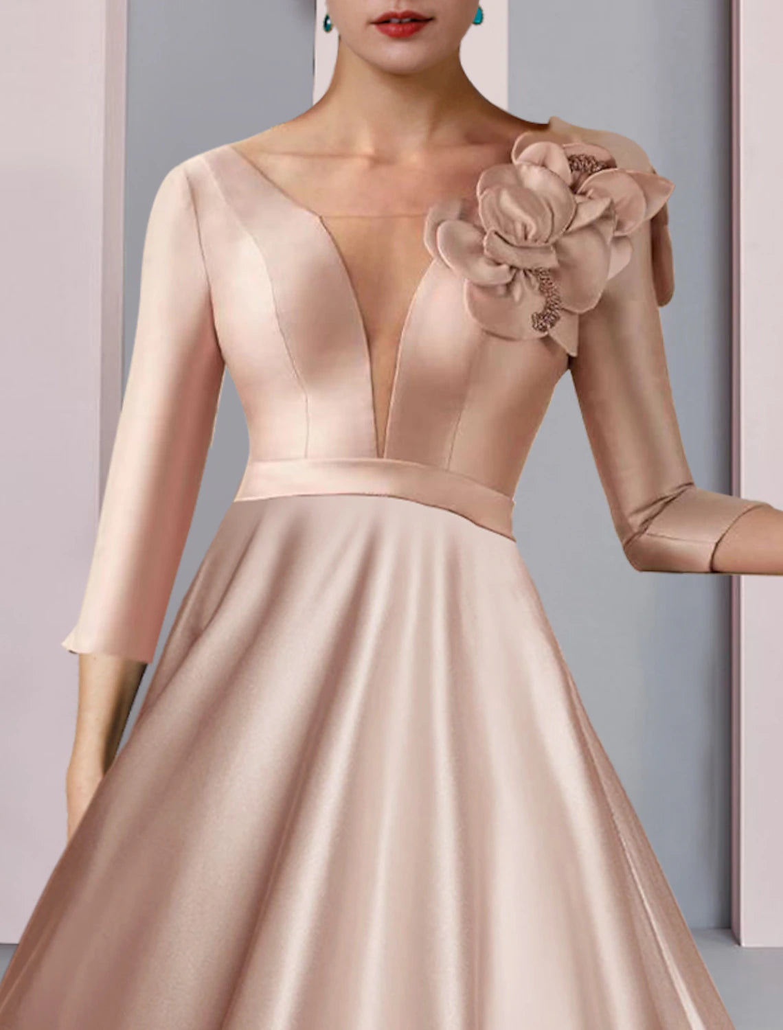 Wholesale  A-Line Mother of the Bride Dress Formal Wedding Guest Party Elegant V Neck Tea Length Satin Lace Half Sleeve with Flower