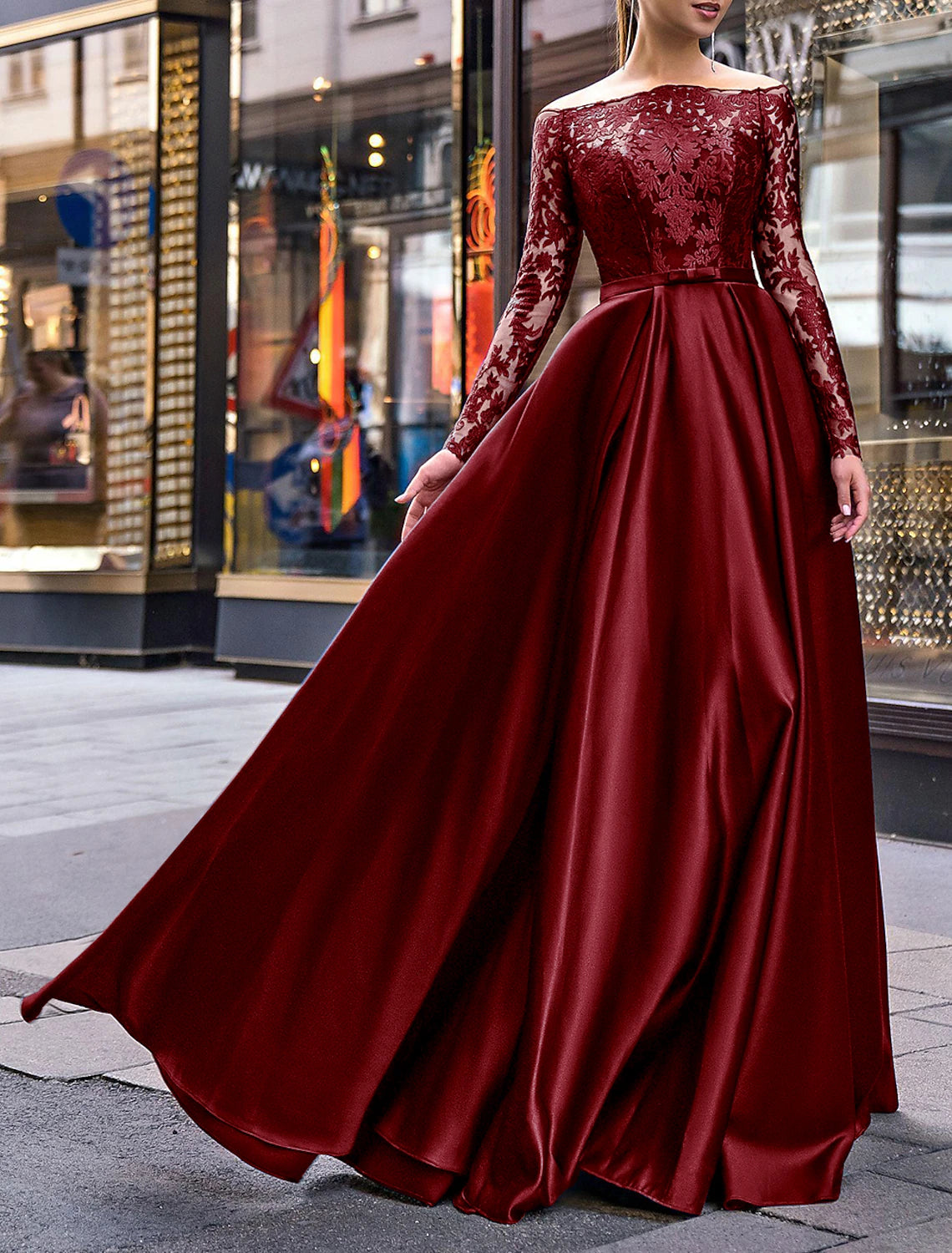 Wholesale A-Line Evening Gown Party Dress Christmas Red Green Dress Elegant Dress Wedding Guest Fall Floor Length Long Sleeve Off Shoulder Belt / Sash Satin with Appliques