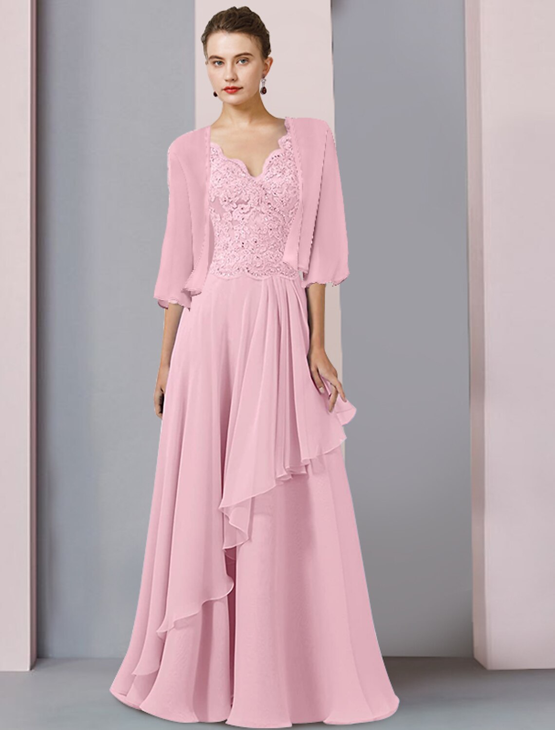 Wholesale  Two Piece A-Line Mother of the Bride Dress Formal Wedding Guest Party Elegant V Neck Floor Length Chiffon Lace Half Sleeve Wrap Included with Beading Sequin Appliques