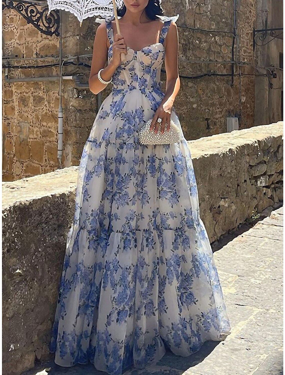 Wholesale Women's Prom Dress Party Dress Homecoming Dress Long Dress Maxi Dress Light Purple Sleeveless Print Print Summer Fall Autumn Spaghetti Strap Mature