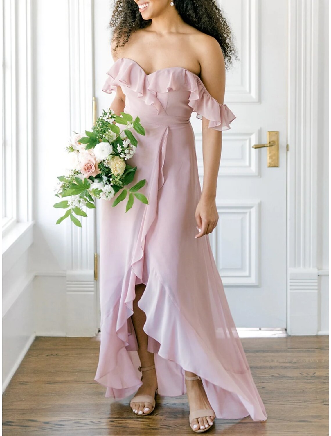 Wholesale A-Line Bridesmaid Dress Off Shoulder Short Sleeve Elegant Asymmetrical Chiffon with Ruffles / Split Front / Ruching