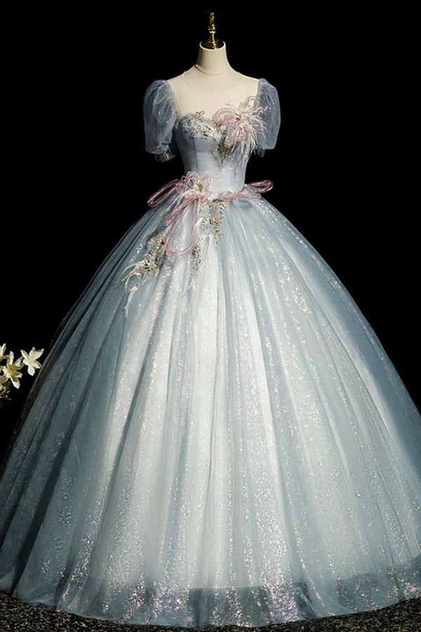 Wholesale Blue Shiny Tulle Long Prom Dress with Sequins A-Line Short Sleeve Party Dress