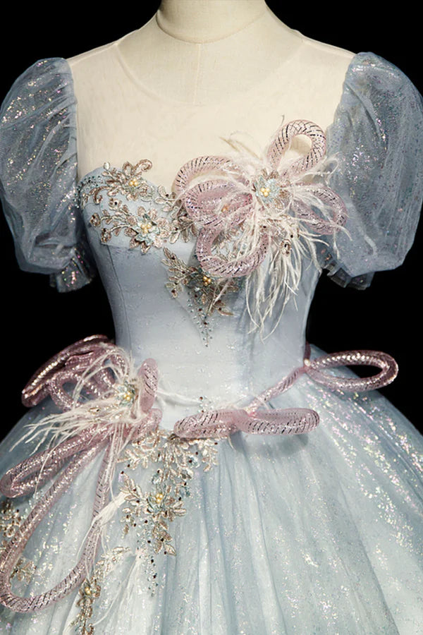 Wholesale Blue Shiny Tulle Long Prom Dress with Sequins A-Line Short Sleeve Party Dress