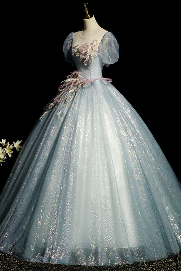 Wholesale Blue Shiny Tulle Long Prom Dress with Sequins A-Line Short Sleeve Party Dress