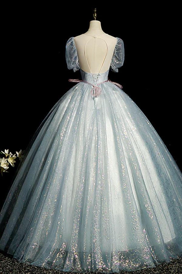 Wholesale Blue Shiny Tulle Long Prom Dress with Sequins A-Line Short Sleeve Party Dress