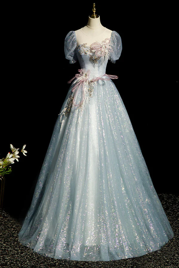 Wholesale Blue Shiny Tulle Long Prom Dress with Sequins A-Line Short Sleeve Party Dress