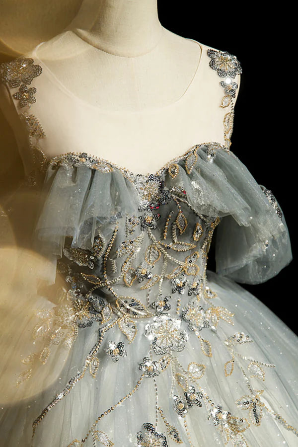 Wholesale Scoop Neckline Tulle Long Formal Dress with Beaded A-Line Evening Dress