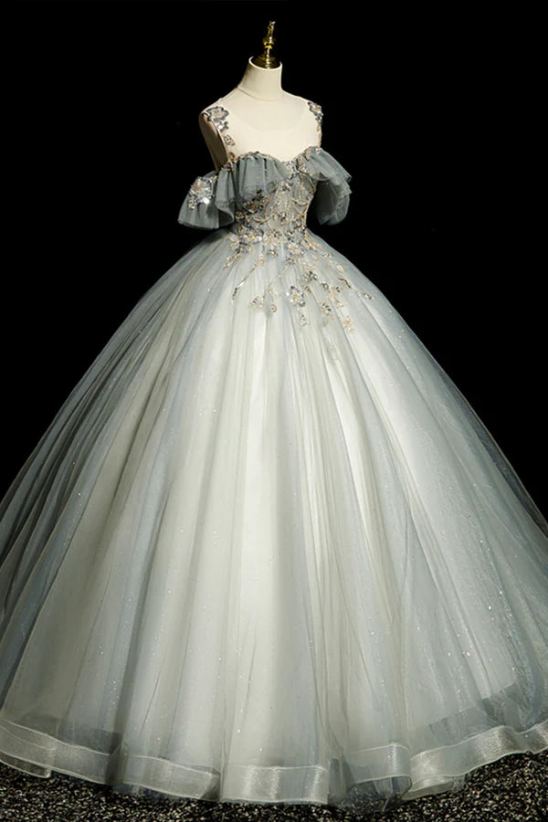 Wholesale Scoop Neckline Tulle Long Formal Dress with Beaded A-Line Evening Dress