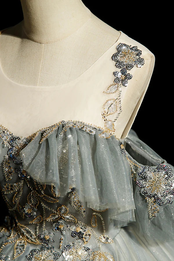 Wholesale Scoop Neckline Tulle Long Formal Dress with Beaded A-Line Evening Dress