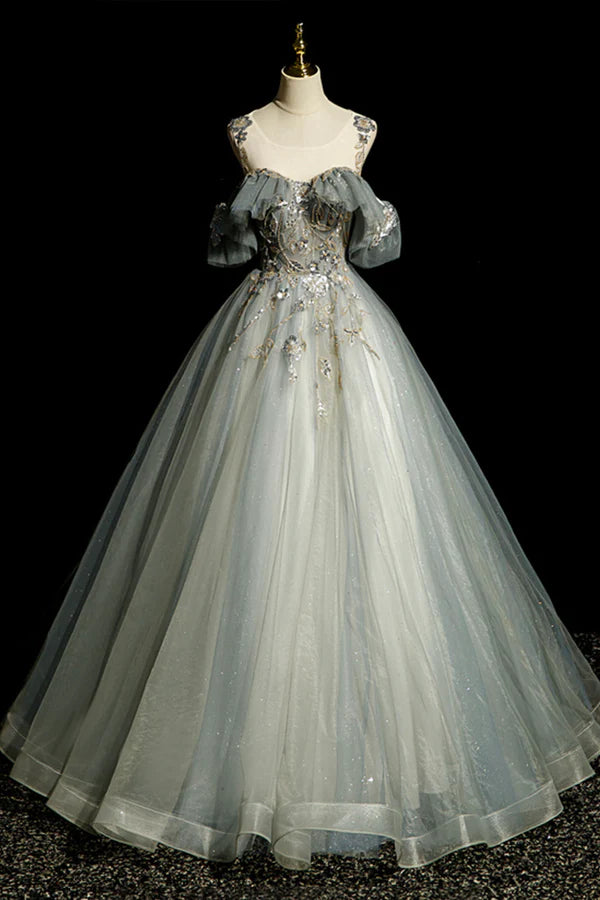 Wholesale Scoop Neckline Tulle Long Formal Dress with Beaded A-Line Evening Dress