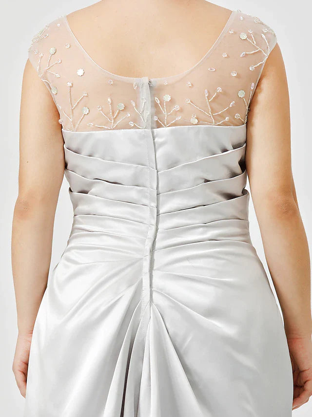 Wholesale Sheath / Column Mother of the Bride Dress Classic & Timeless Elegant & Luxurious Plus Size Jewel Neck Floor Length Satin Sleeveless No with Pleats Crystals