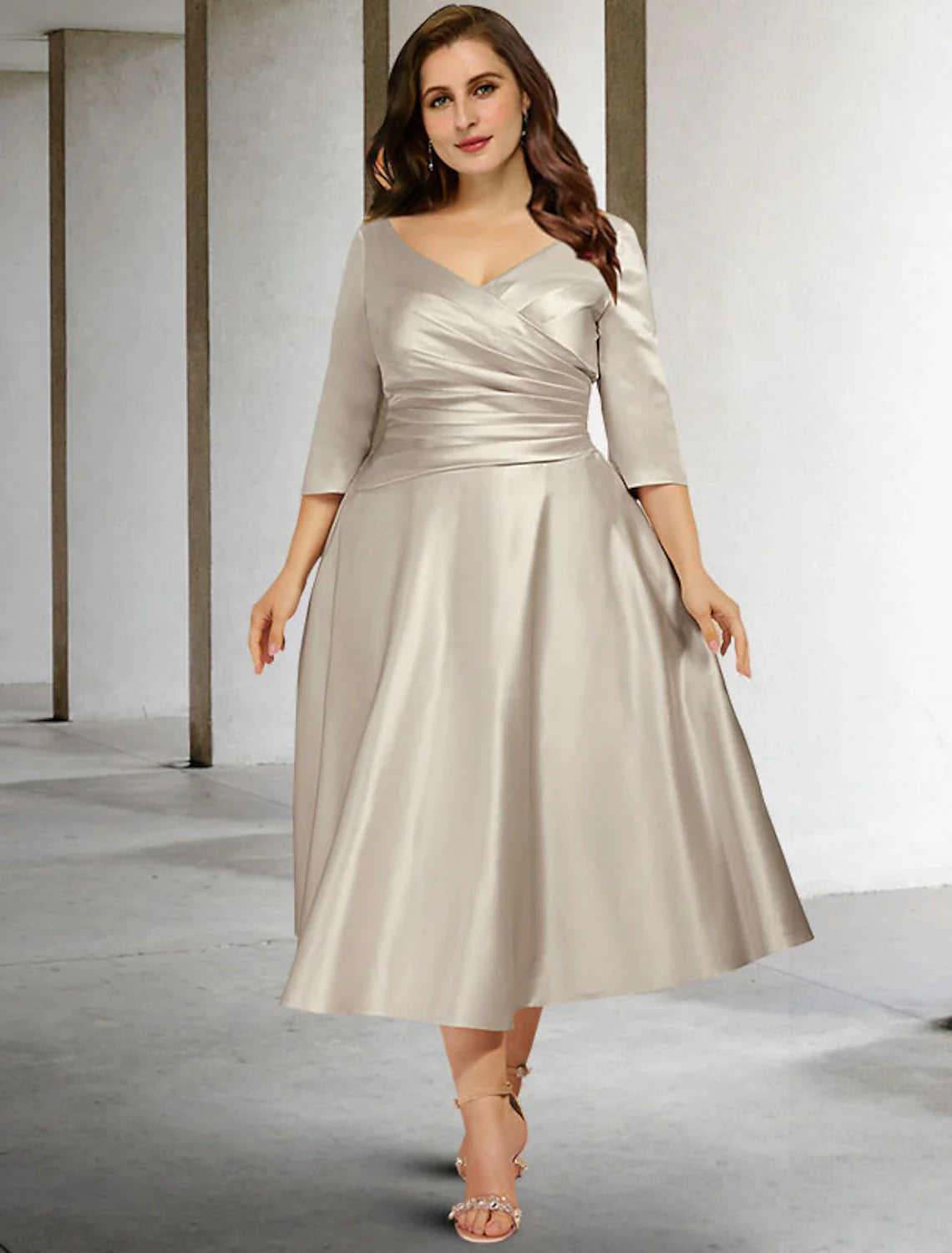 Wholesale A-Line Mother of the Bride Dresses Plus Size Hide Belly Curve Vintage Dress Formal Tea Length Sleeveless V Neck Satin with Ruched