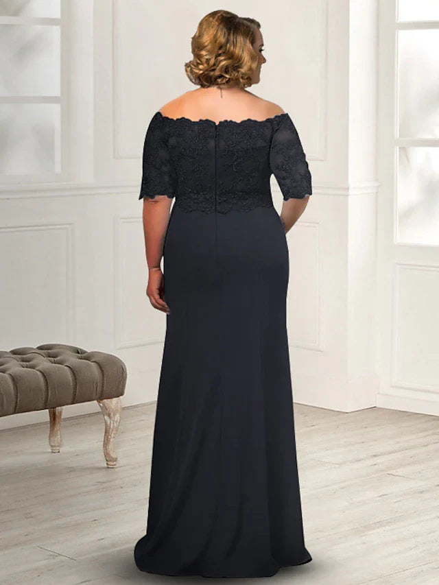 Wholesale Sheath / Column Mother of the Bride Dress Plus Size Elegant Off Shoulder Floor Length Chiffon Lace Half Sleeve with Appliques