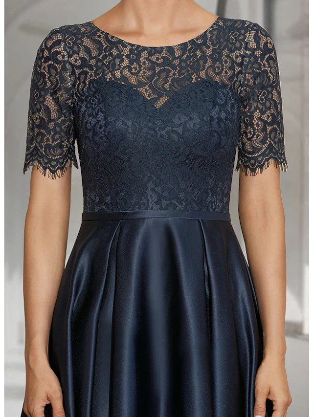 Wholesale A-Line Mother of the Bride Dress Wedding Guest Elegant High Low Jewel Neck Asymmetrical Tea Length Satin Lace Short Sleeve with Pleats