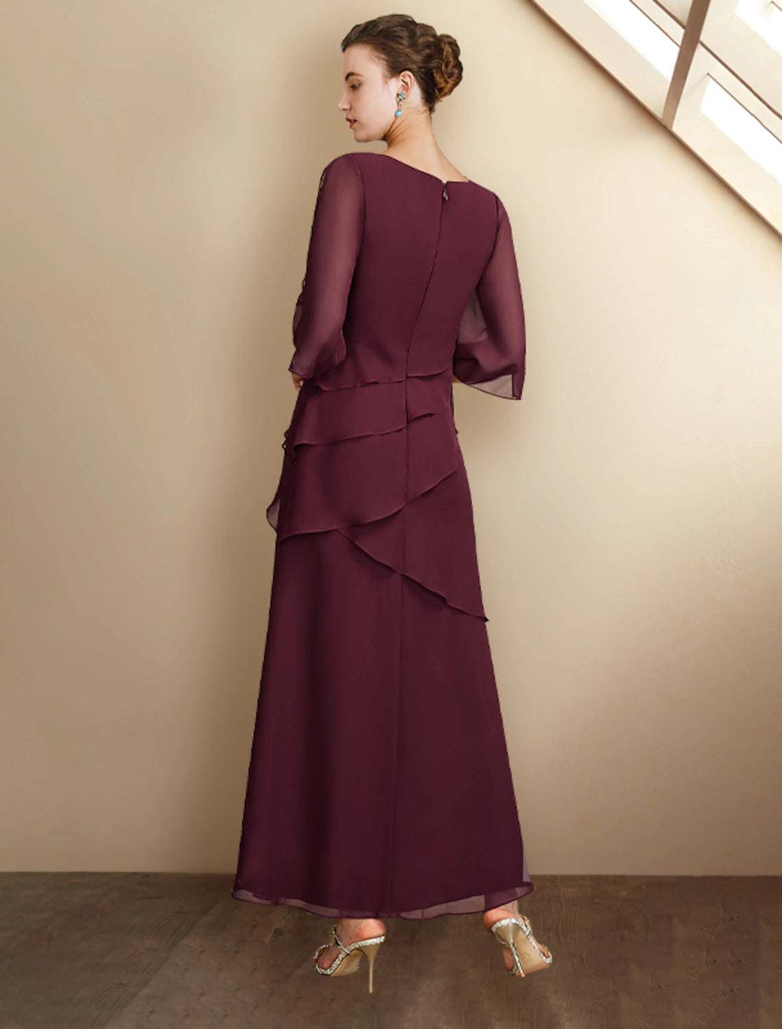 Wholesale  A-Line Mother of the Bride Dress Wedding Guest Plus Size Elegant Jewel Neck Ankle Length Chiffon Half Sleeve with Ruffles Side-Draped Fall