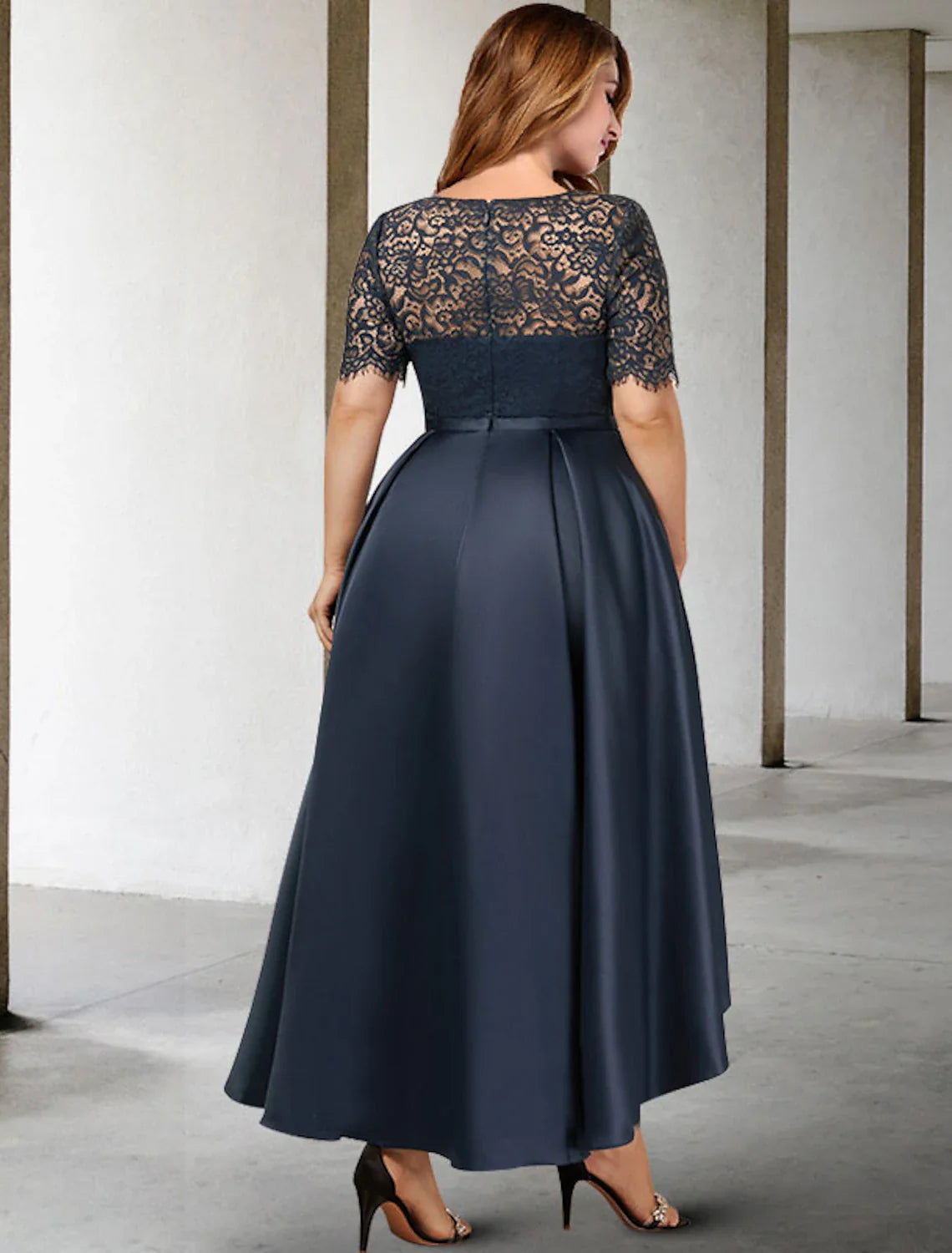 Wholesale A-Line Mother of the Bride Dresses Plus Size Hide Belly Curve Elegant Dress Formal Asymmetrical Short Sleeve Jewel Neck Satin with Pleats