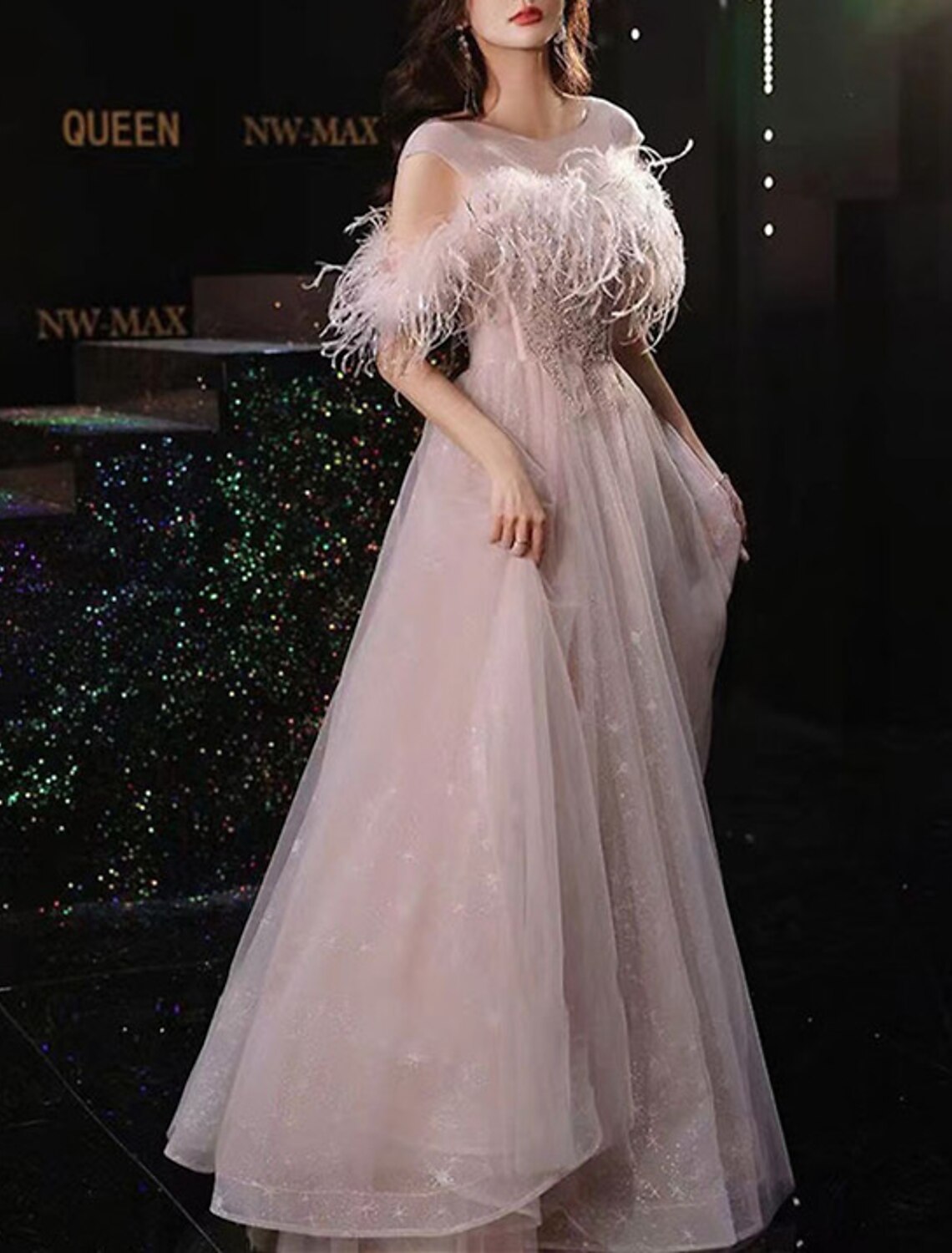 Wholesale A-Line Party Dresses Glittering Dress Prom Wedding Party Floor Length Sleeveless Jewel Neck Tulle with Feather Glitter