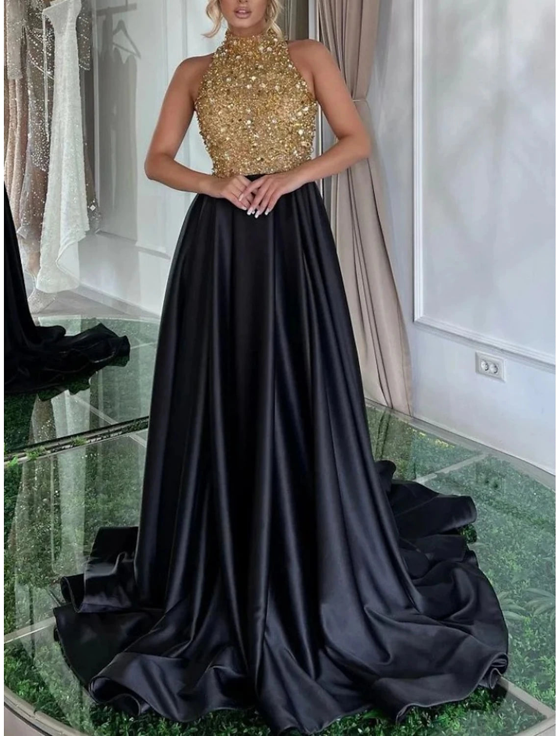 Wholesale A-Line Evening Gown Elegant Dress Formal Sweep / Brush Train Black Dress Sleeveless Jewel Neck Satin with Pleats Sequin