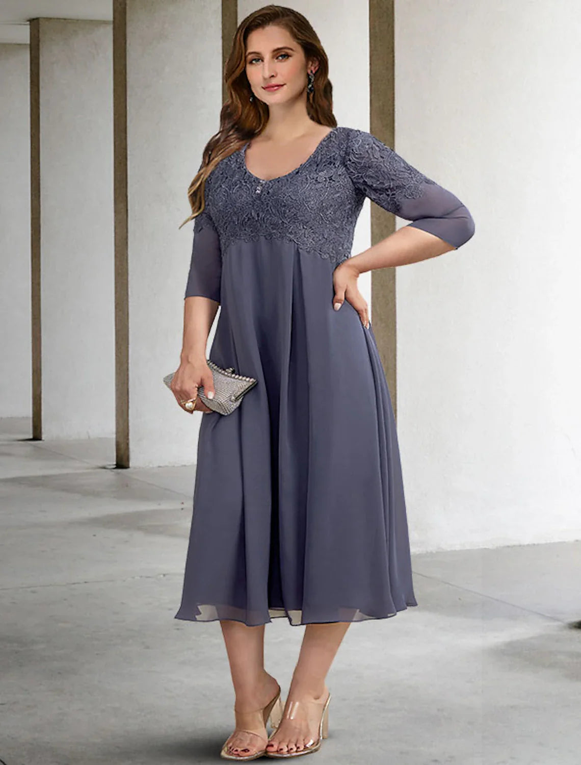 Wholesale A-Line Mother of the Bride Dresses Plus Size Hide Belly Curve Elegant Dress Formal Tea Length Half Sleeve V Neck Chiffon with Buttons Appliques Fall