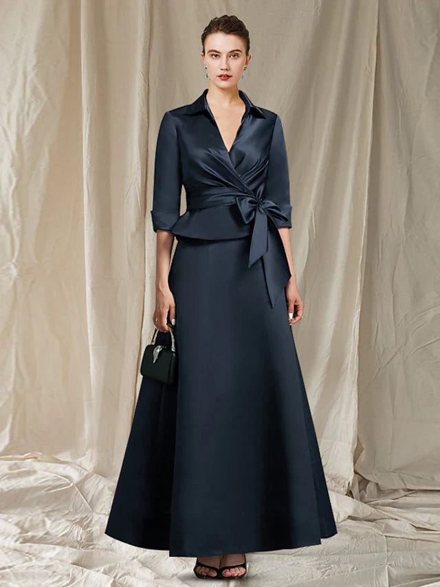 Wholesale A-Line Mother of the Bride Dress Elegant Shirt Collar V Neck Ankle Length Satin Half Sleeve with Bow(s)