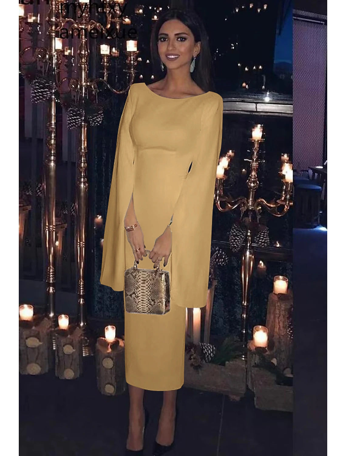 Wholesale Sheath / Column Cocktail Dresses Party Dress Wedding Guest Holiday Tea Length Long Sleeve Jewel Neck Fall Wedding Guest Jersey Backless with Sleek Pure Color