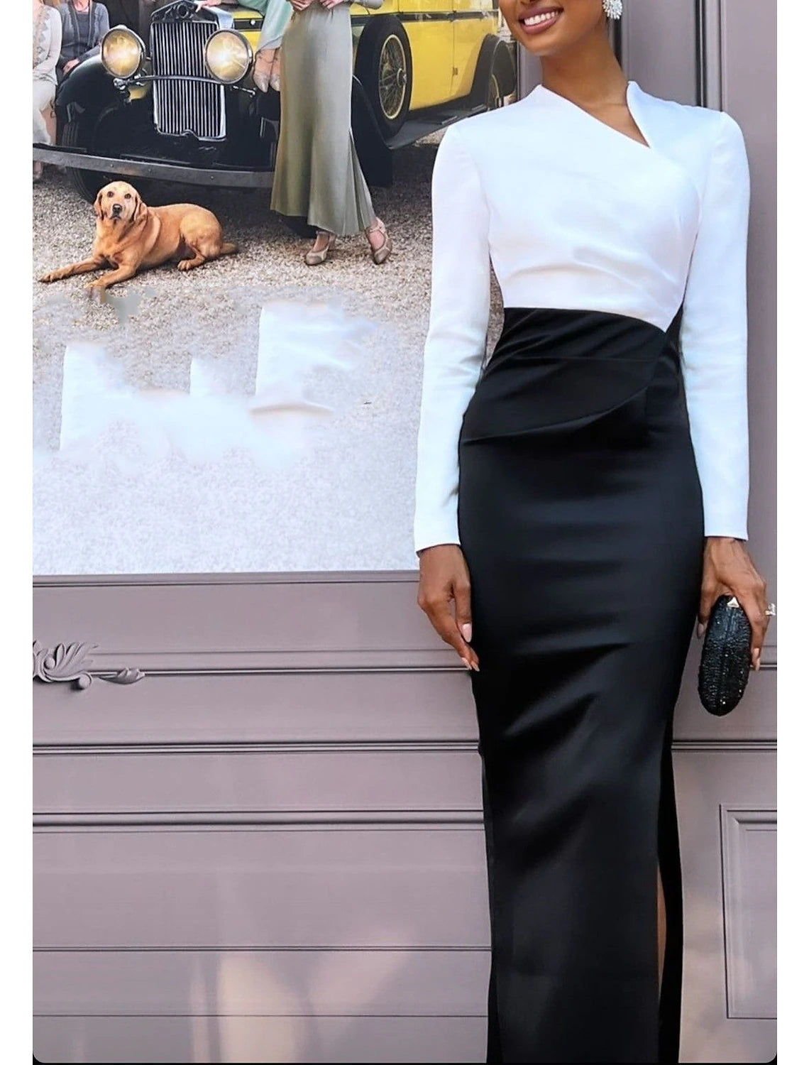 Wholesale Sheath Black Dress Evening Gown Elegant Dress Formal Wedding Guest Floor Length Long Sleeve V Neck Stretch Fabric with Slit