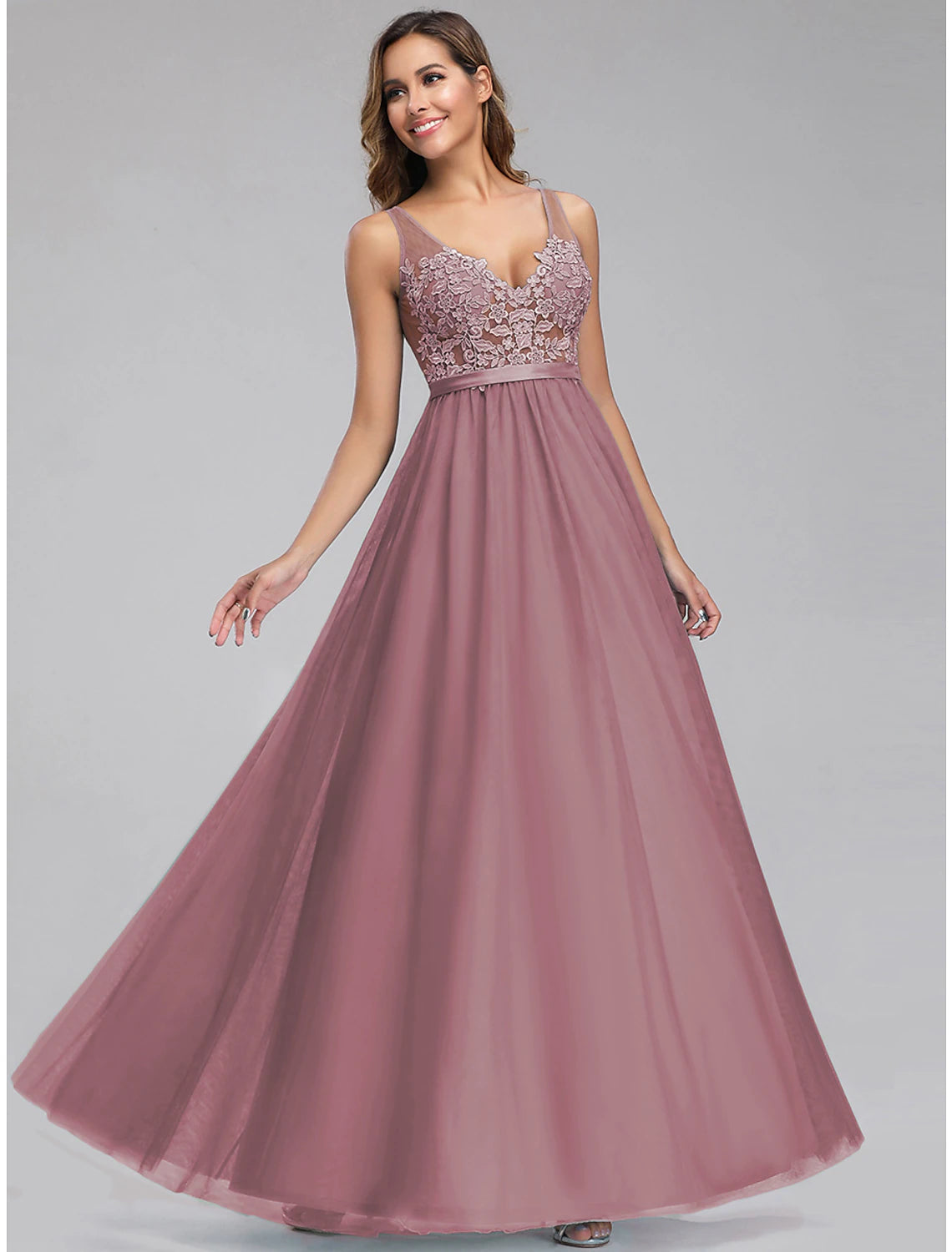 Wholesale  A-Line Empire Holiday Prom Dress V Neck V Back Sleeveless Floor Length Chiffon with Appliques
