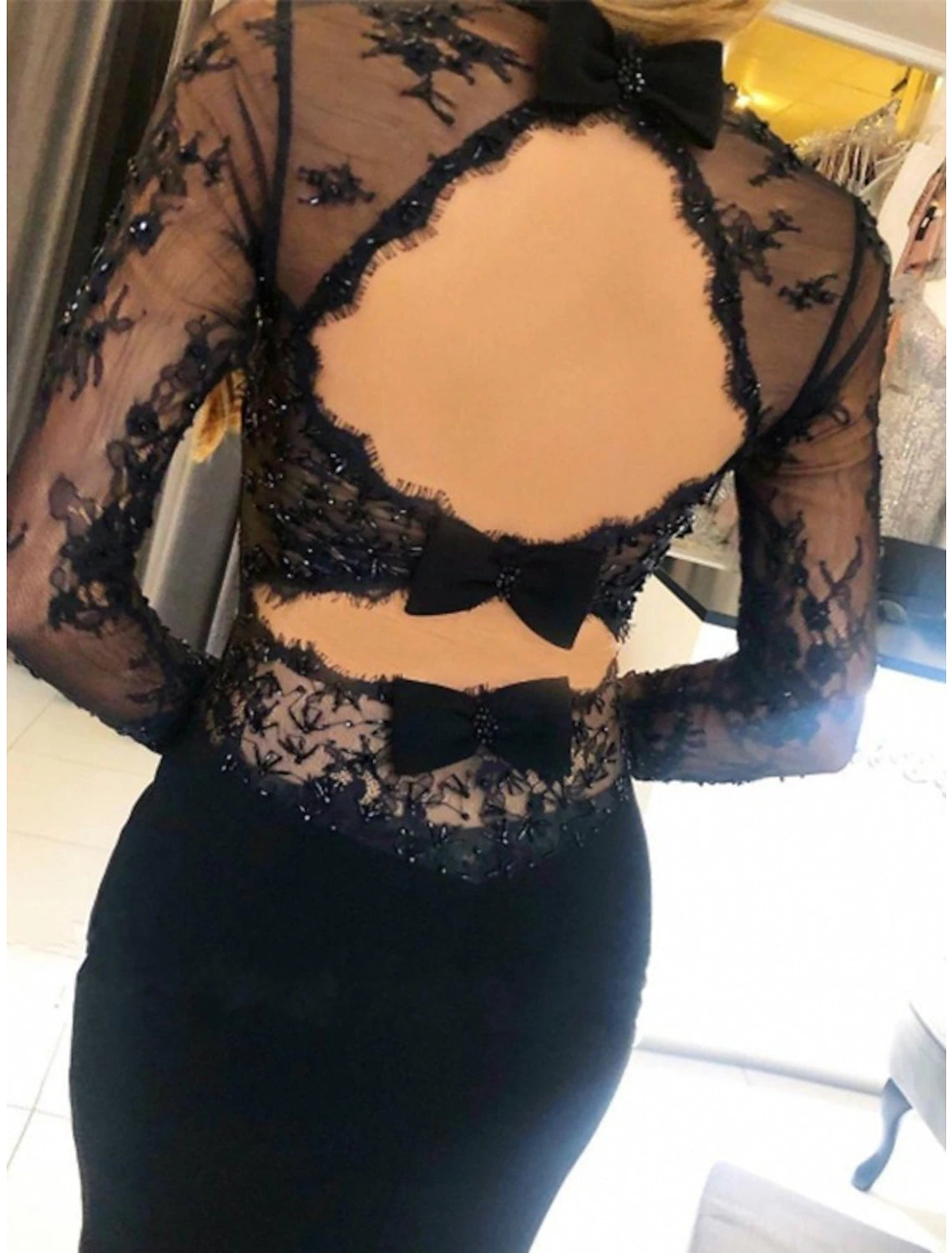 Wholesale  Mermaid / Trumpet Prom Dresses Open Back Dress Formal Prom Court Train Long Sleeve Strapless Stretch Fabric Backless with Beading Appliques