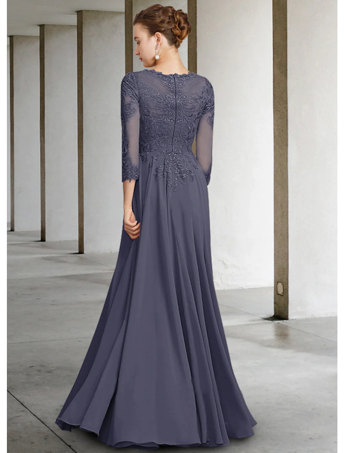 Wholesale A-Line Mother of the Bride Dress Elegant Jewel Neck Floor Length Chiffon Lace 3/4 Length Sleeve with Pleats Appliques