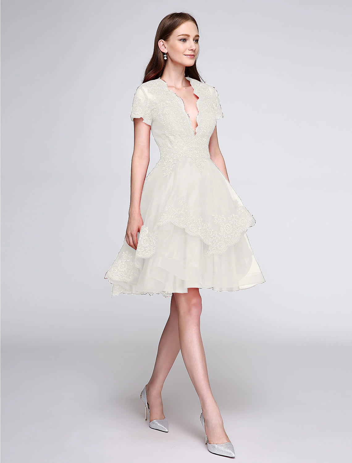 Wholesale  Ball Gown Cute Dress Cocktail Party Prom Knee Length Short Sleeve Plunging Neck Organza with Buttons Appliques