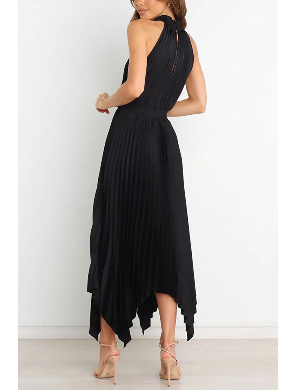 Wholesale A-Line Party Dresses Casual Dress Homecoming Wedding Guest Asymmetrical Sleeveless Halter Neck Satin with Pleats