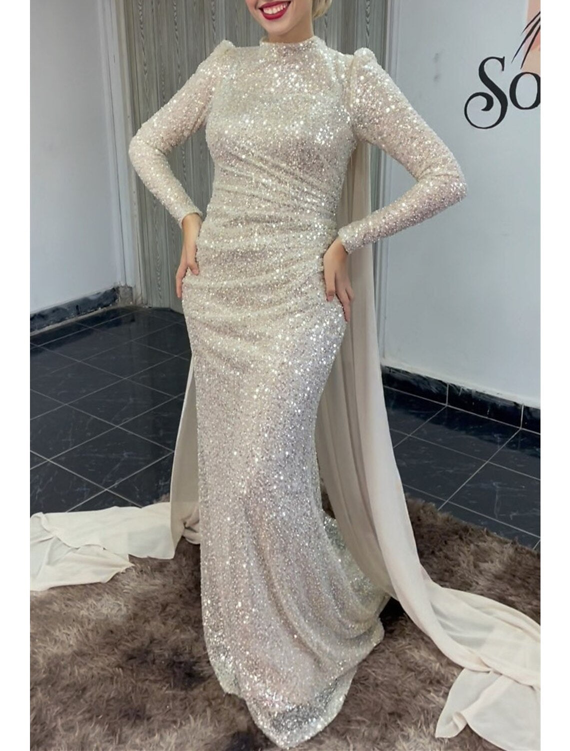 Wholesale Mermaid / Trumpet Evening Gown Elegant Dress Wedding Guest Sweep / Brush Train Long Sleeve High Neck Satin with Pearls Sequin Overskirt
