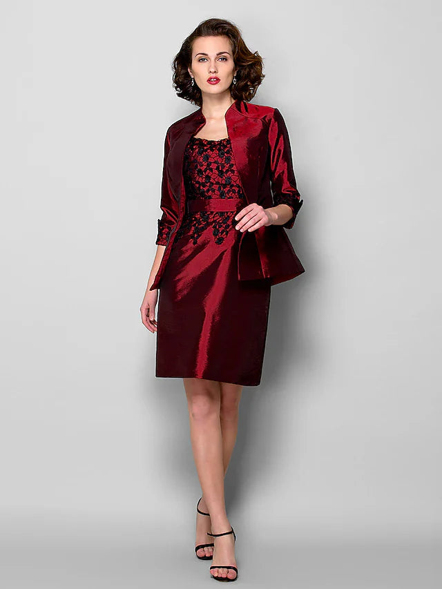 Wholesale Sheath / Column Mother of the Bride Dress Wrap Included Scoop Neck Knee Length Taffeta 3/4 Length Sleeve with Lace Sash / Ribbon