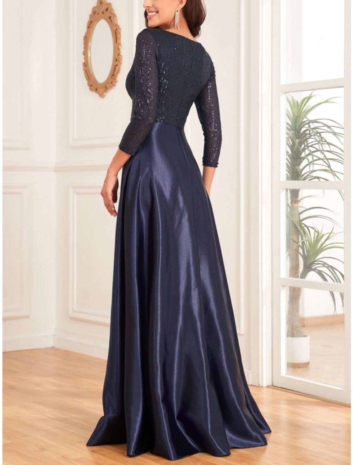 Wholesale A-Line Mother of the Bride Dress Wedding Guest Elegant V Neck Floor Length Satin 3/4 Length Sleeve with Sequin Ruching